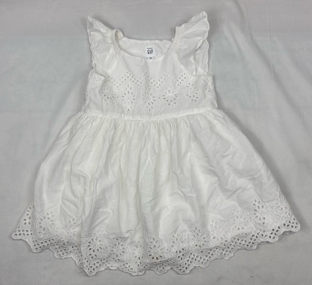 Baby Gap Girls White Cotton Eyelet Lace Dress Flutter Sleeve Ruffle Summer Sz 4